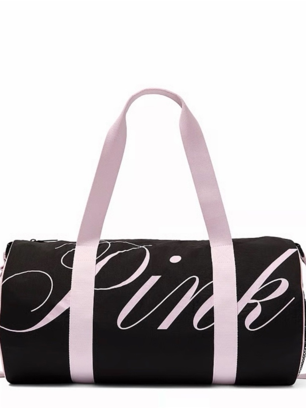 PINK Victoria's Secret Black Duffel with Light Pink Script and Straps